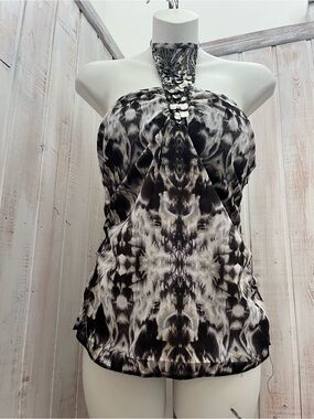 bebe Black & White Halter Camisole with Jeweled Neck